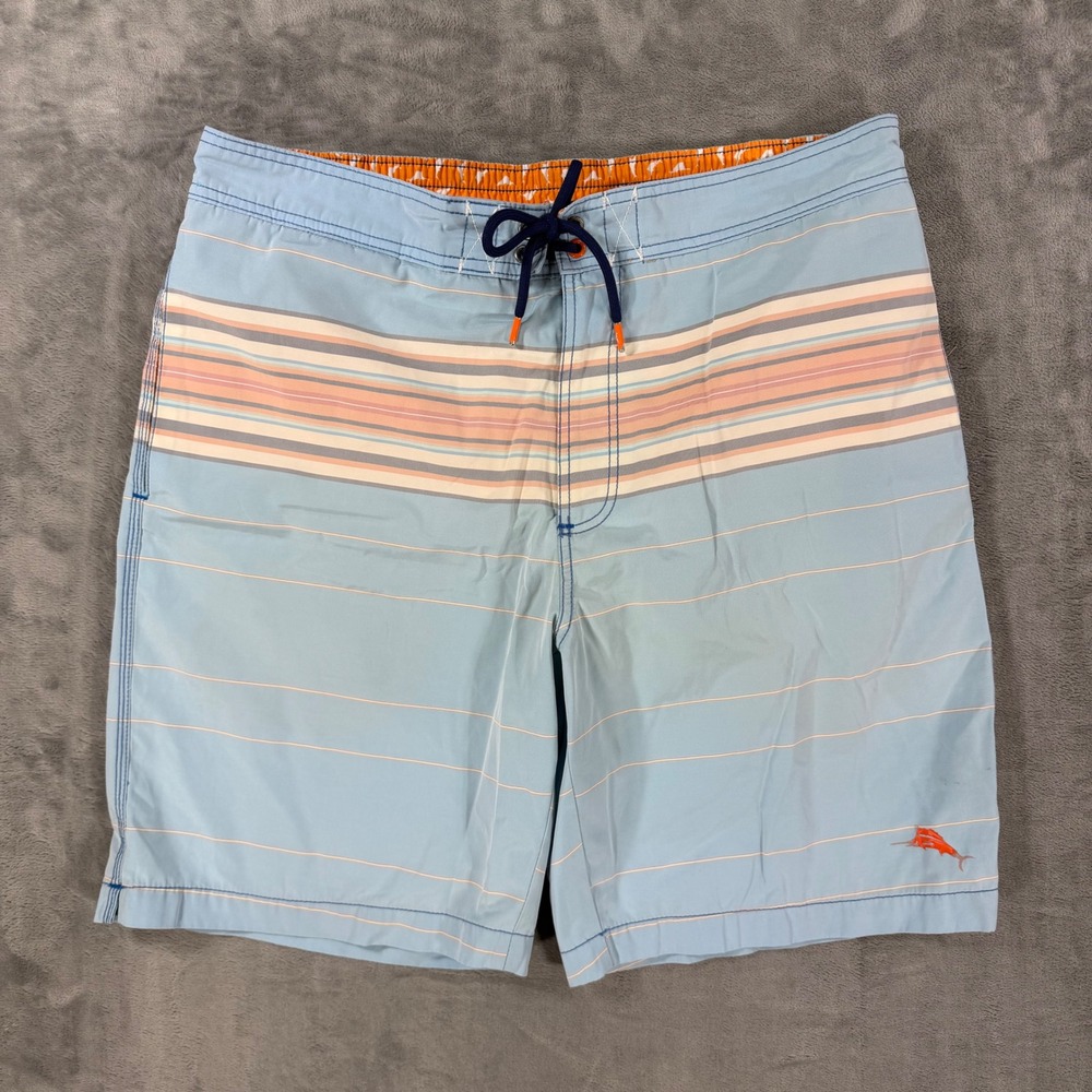 Tommy Bahama Lined Swim Shorts Men's Size Large Swim Trunks Light Blue Striped